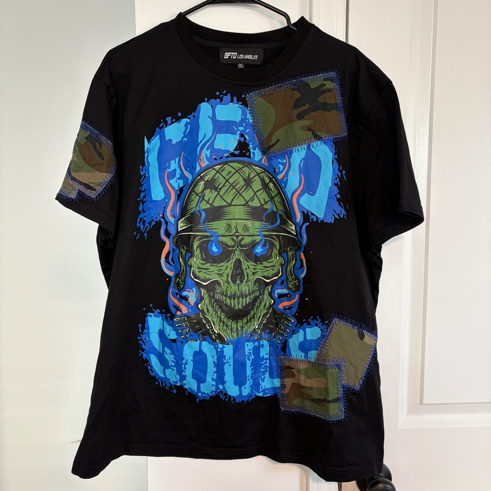 GFTD Los Angeles Black Skull‎ Graphic Patchwork T Shirt 3XL
